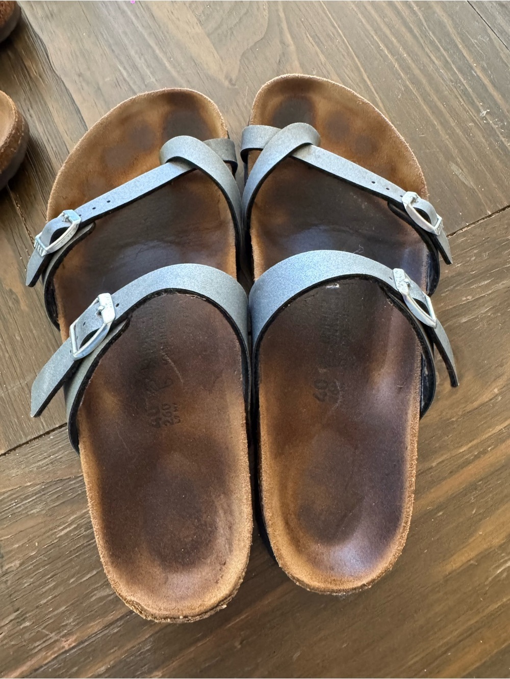 Birkenstock Mayari Metallic Gray Strappy Cork Slide Sandals